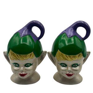 Vintage Elf Head Salt & Pepper Shakers Hand-Painted Ceramic Green & Purple